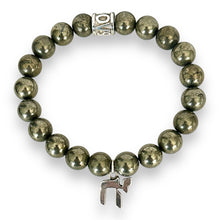 Load image into Gallery viewer, 10mm Pyrite Beads with Jewish Chai Symbol Sterling Silver Charm &amp; Spacer Stretch Bracelet
