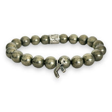 Load image into Gallery viewer, 10mm Pyrite Beads with Jewish Chai Symbol Sterling Silver Charm &amp; Spacer Stretch Bracelet
