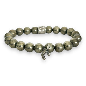 10mm Pyrite Beads with Jewish Chai Symbol Sterling Silver Charm & Spacer Stretch Bracelet