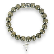 Load image into Gallery viewer, 10mm Pyrite Beads with Crucifix Sterling Silver Charm &amp; Spacer Stretch Bracelet
