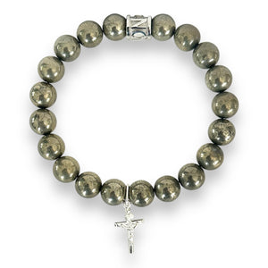 10mm Pyrite Beads with Crucifix Sterling Silver Charm & Spacer Stretch Bracelet