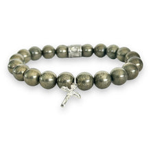 Load image into Gallery viewer, 10mm Pyrite Beads with Crucifix Sterling Silver Charm &amp; Spacer Stretch Bracelet
