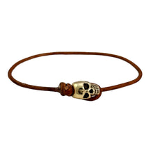 Load image into Gallery viewer, 2mm Brown Greek Leather with Gold Tone Mixed Metal Skull Bracelet
