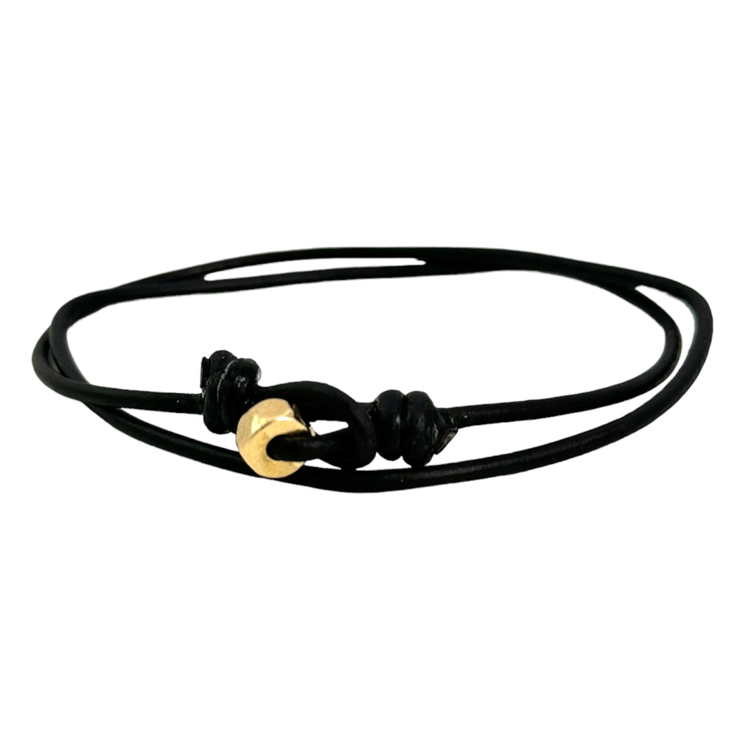 2mm Black Greek Leather with Gold Tone Mixed Metal Hex Nut Bracelet