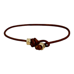 2mm Brown Greek Leather with Gold Tone Mixed Metal Hex Nut Bracelet