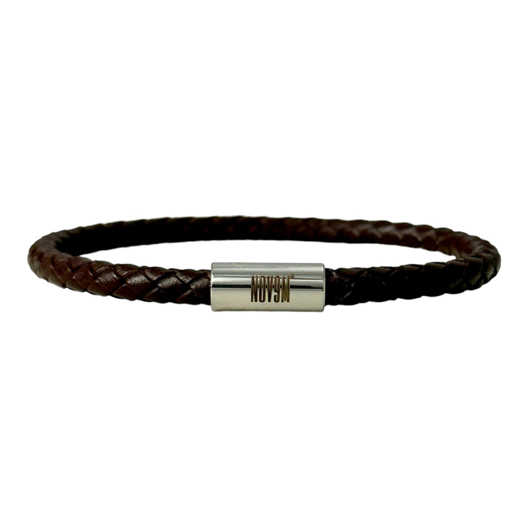 5mm Dark Brown Braided Leather with Stainless Steel Cylinder Bracelet