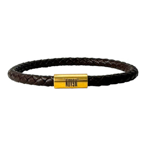 5mm Dark Brown Braided Leather with Gold Stainless Steel Cylinder Bracelet