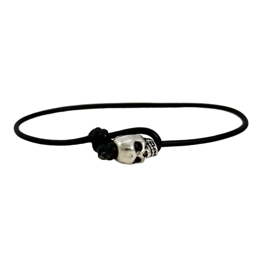 2mm Black Greek Leather with Silver Tone Mixed Metal Skull Bracelet