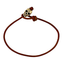 Load image into Gallery viewer, 2mm Brown Greek Leather with Gold Tone Mixed Metal Skull Bracelet
