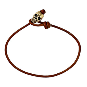 2mm Brown Greek Leather with Gold Tone Mixed Metal Skull Bracelet