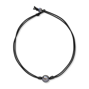 15mm Genuine Goutte Baroque Tahitian Pearl in Black Greek Leather Necklace 18"