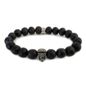 0.47ct Champagne Diamonds Skull in Kamagong Wood Beads Stretch Bracelet