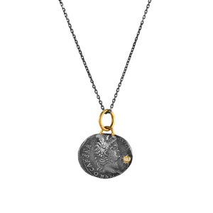 0.01ct Diamond in 925 Silver & 24K Gold Nero Caesar Roman Coin Pendant Necklace