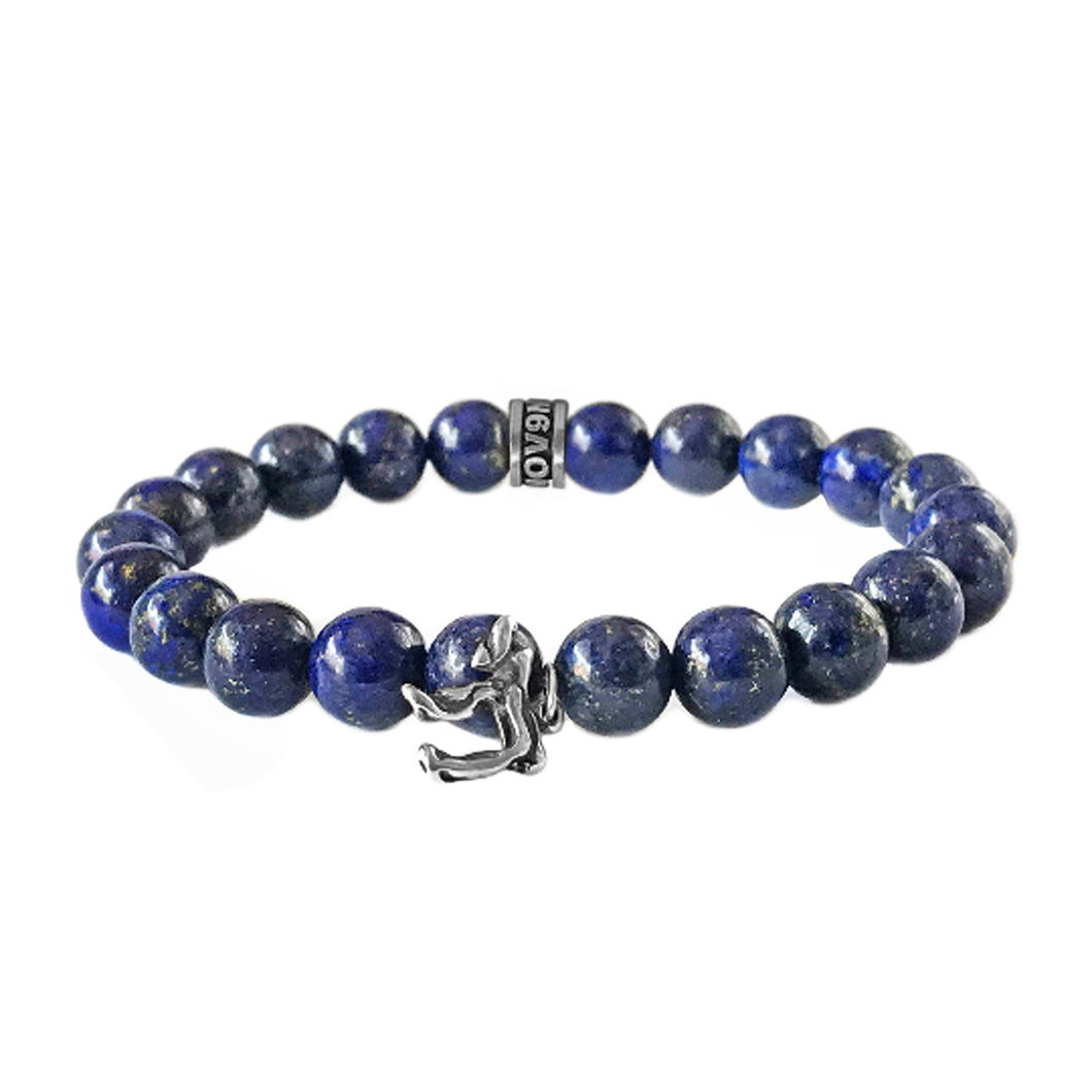 8mm Lapis Lazuli Beads with 925 Italy Silver Jewish Chai Charm & Spacer Stretch Bracelet